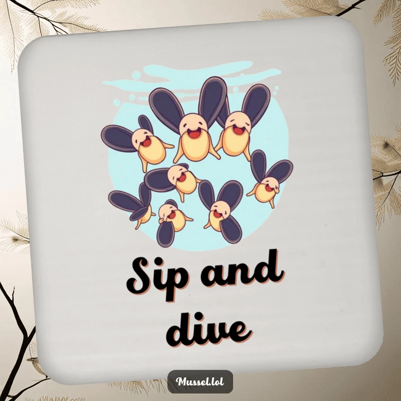 Funny drink coaster showing mussels performing a synchronized swimming routine underwater, adding charm.