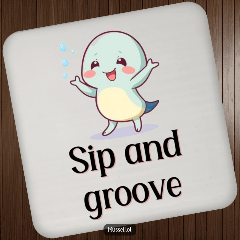 Funny drink coaster with a mussel character doing a happy wiggle dance, surrounded by water droplets, adding a splash.