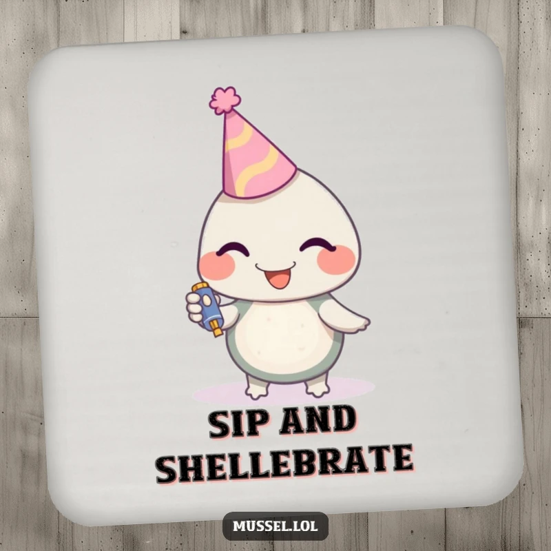 Funny Mussel Coaster featuring a party mussel character with a hat and noisemaker, safeguarding surfaces with hilarious style, a great funny gift.