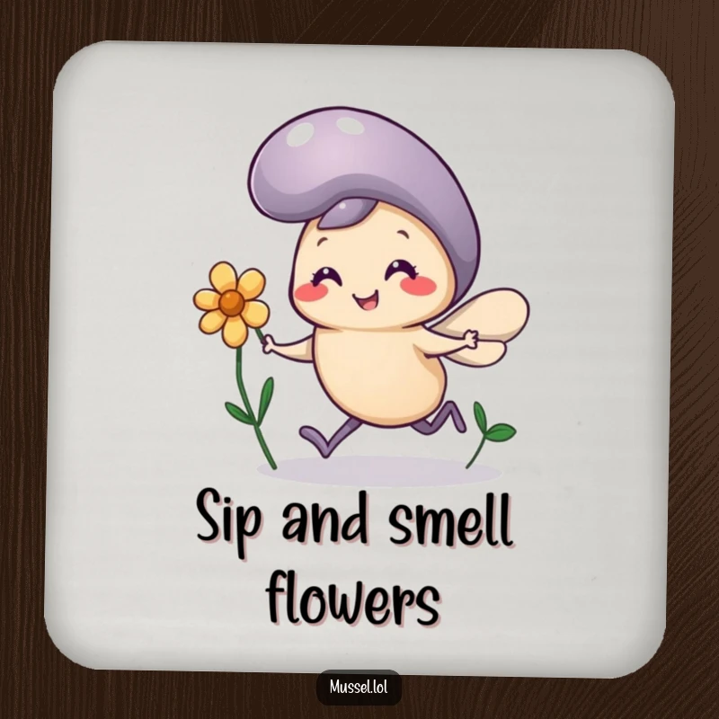 Funny Mussel Flower Coasters: A mussel character with comically tiny legs runs joyfully holding a flower, humorous coasters for drinks.