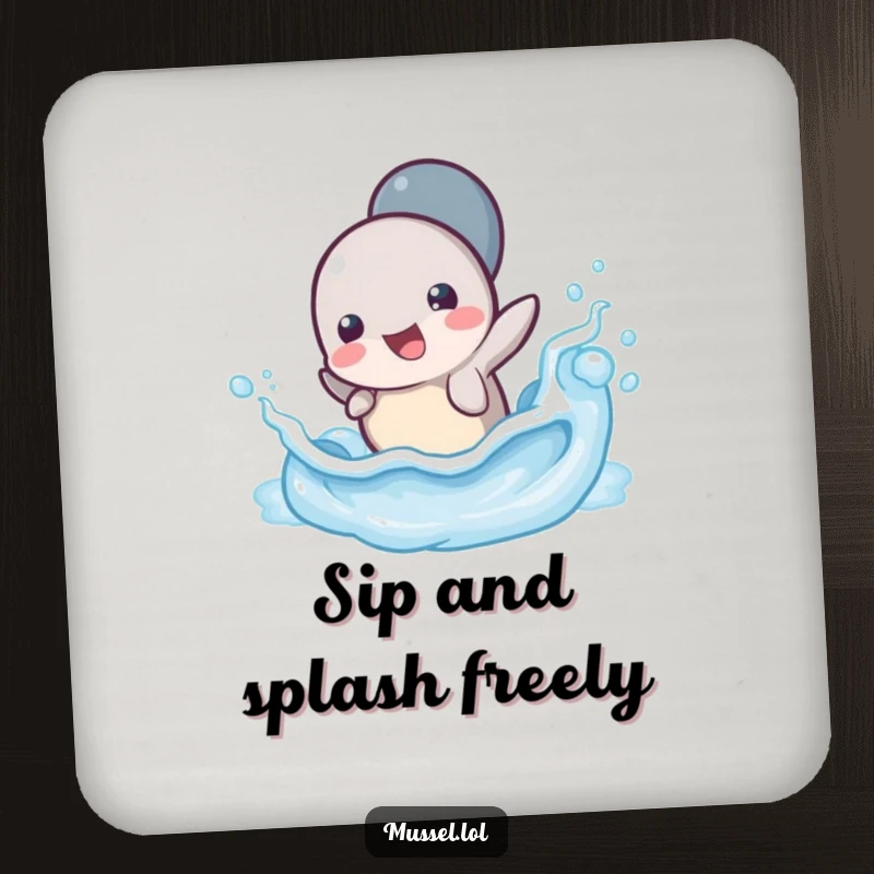 Funny Mussel Wave Splash Coaster: A protective coaster featuring a mussel character splashing playfully in a tiny ocean wave, ideal for home bars.