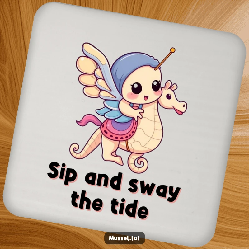 Funny Mussel Coaster: A mussel enjoys a seahorse carousel ride, adding a touch of playful ocean charm to your coasters.