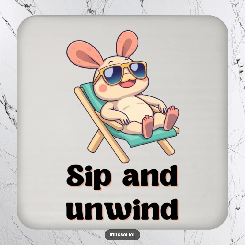 Funny Mussel Coaster featuring a mussel character in sunglasses on a beach chair, safeguarding surfaces with cool beachy flair, a great funny gift.