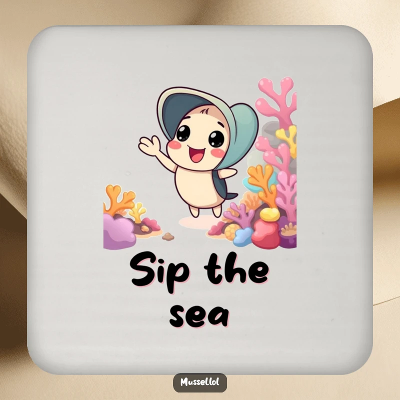 Funny drink coaster with a mussel cheerfully waving from a colorful coral reef, adding a friendly touch to tabletops.