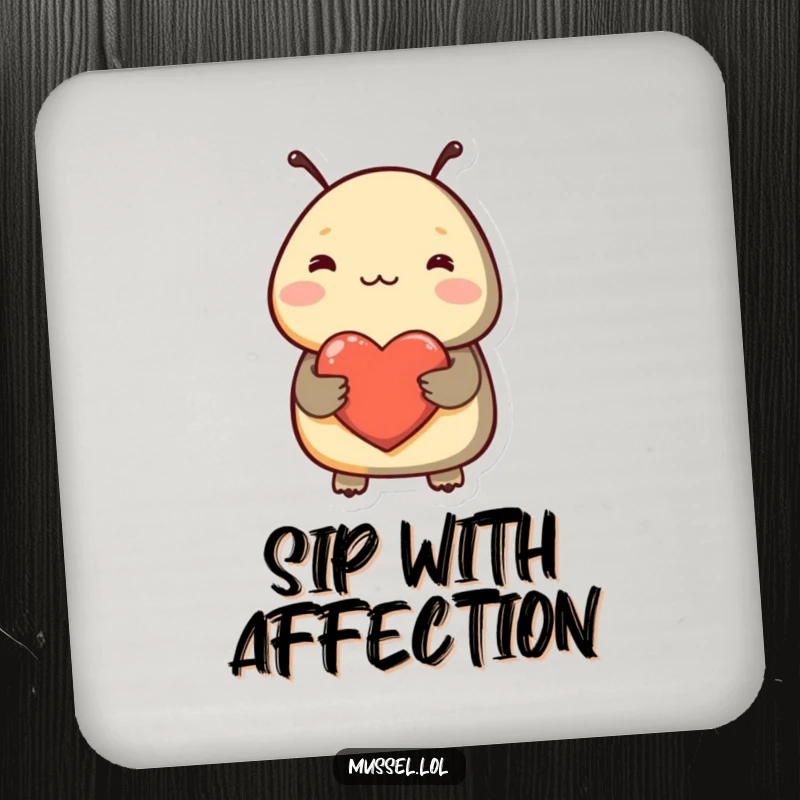 Funny drink coaster with a shy mussel blushing and holding a heart, offering a humorous and practical way to protect furniture.