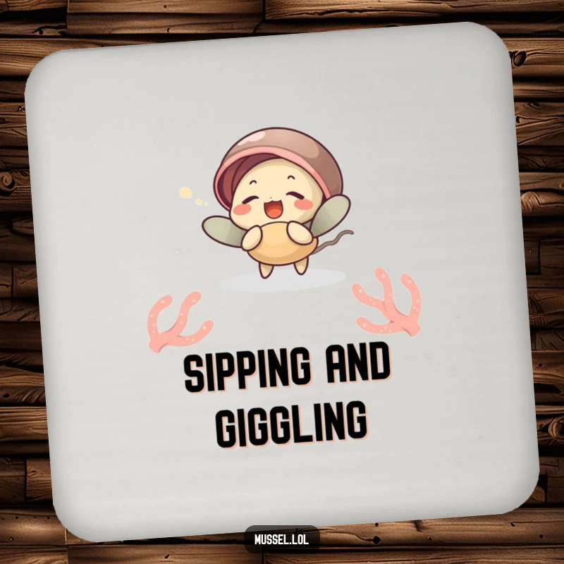 Funny drink coaster featuring a mussel character giggling while tickled by a sea anemone, protecting surfaces with ocean humor, a funny gift.