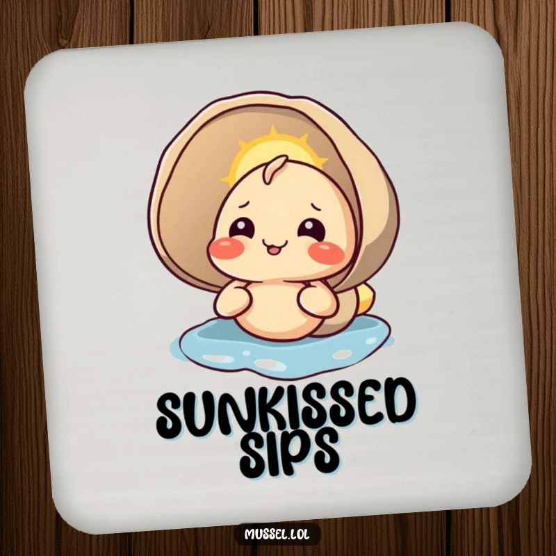 Funny drink coaster depicting a content mussel character basking in sunlight on its shell, a humorous accessory.
