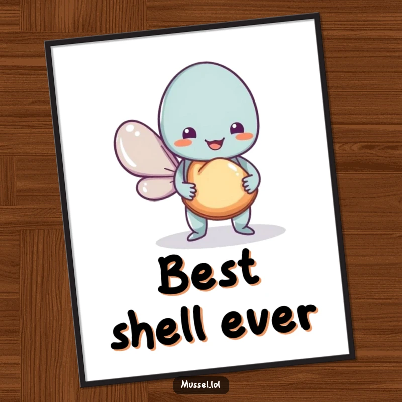 Funny Mussel Poster showcasing a friendly mussel character giving a shell, a delightful and humorous wall art piece.