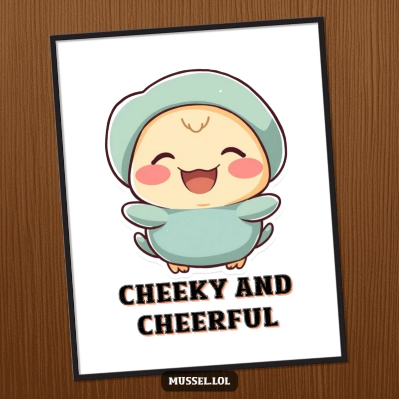 Funny mussel character with rosy cheeks laughing wholeheartedly, as humorous wall art.