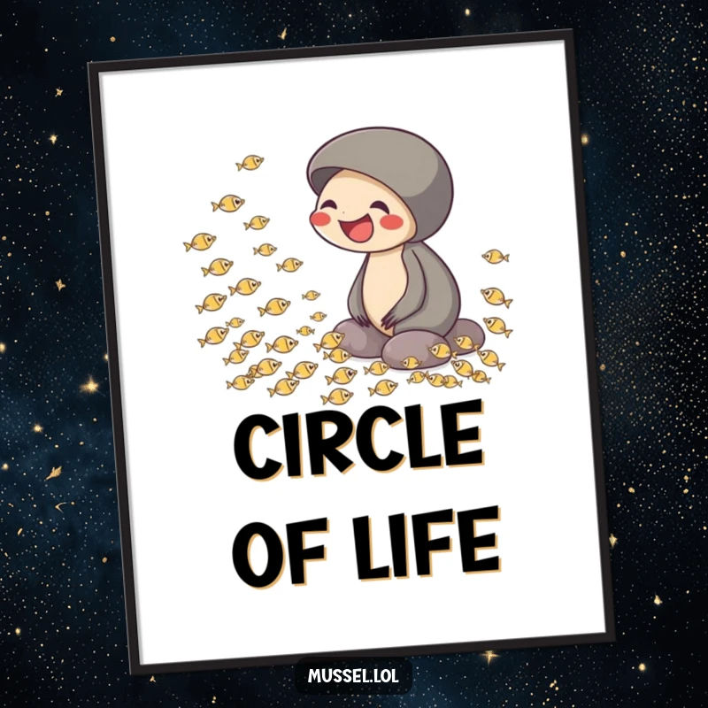 Funny poster depicting a mussel in fits of laughter while watching a school of tiny fish perform a circular swimming routine.