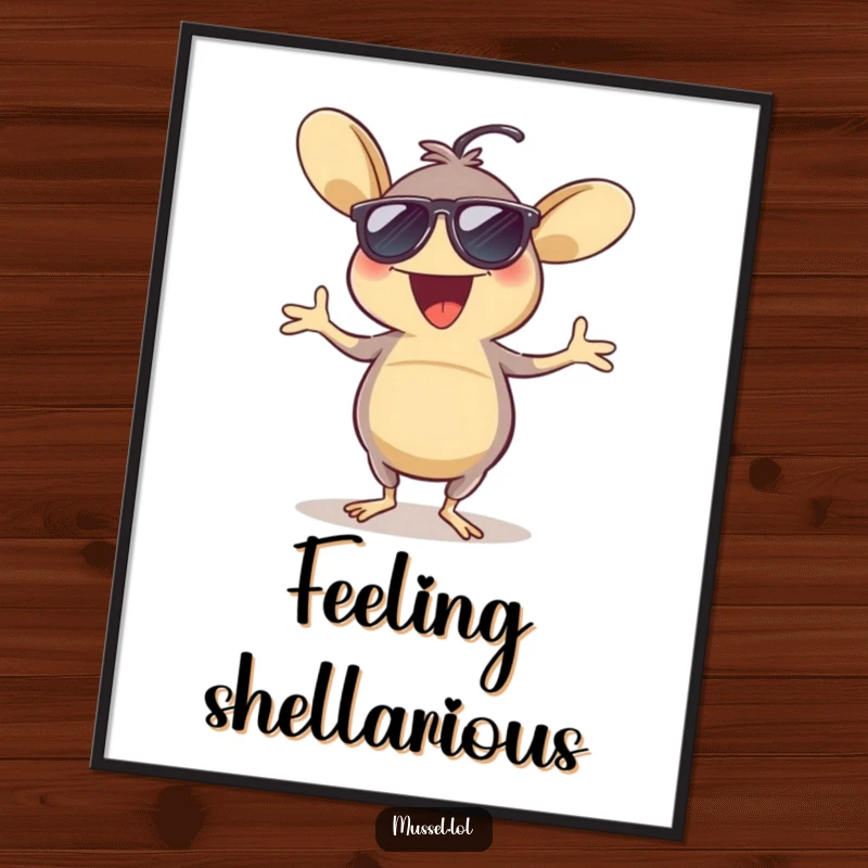 Funny poster depicting an excited mussel wearing cool sunglasses and dancing a lively jig, creating a vibrant and humorous party atmosphere.