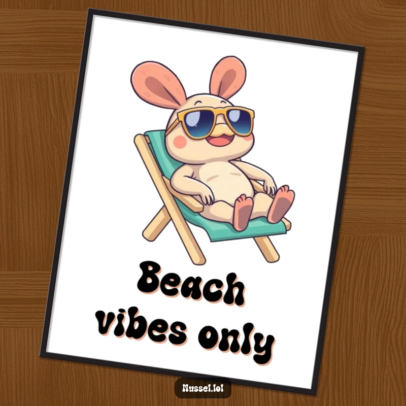Funny Mussel Poster showing a mussel character wearing sunglasses and relaxing on a beach chair, radiating pure vacation bliss, a wonderful funny gift.