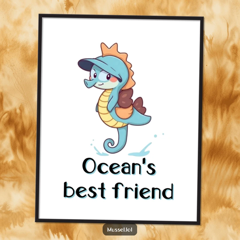 Funny Giggling Mussel Poster showing a mussel laughing heartily while riding a friendly blue seahorse, adding a touch of underwater happiness to decor.