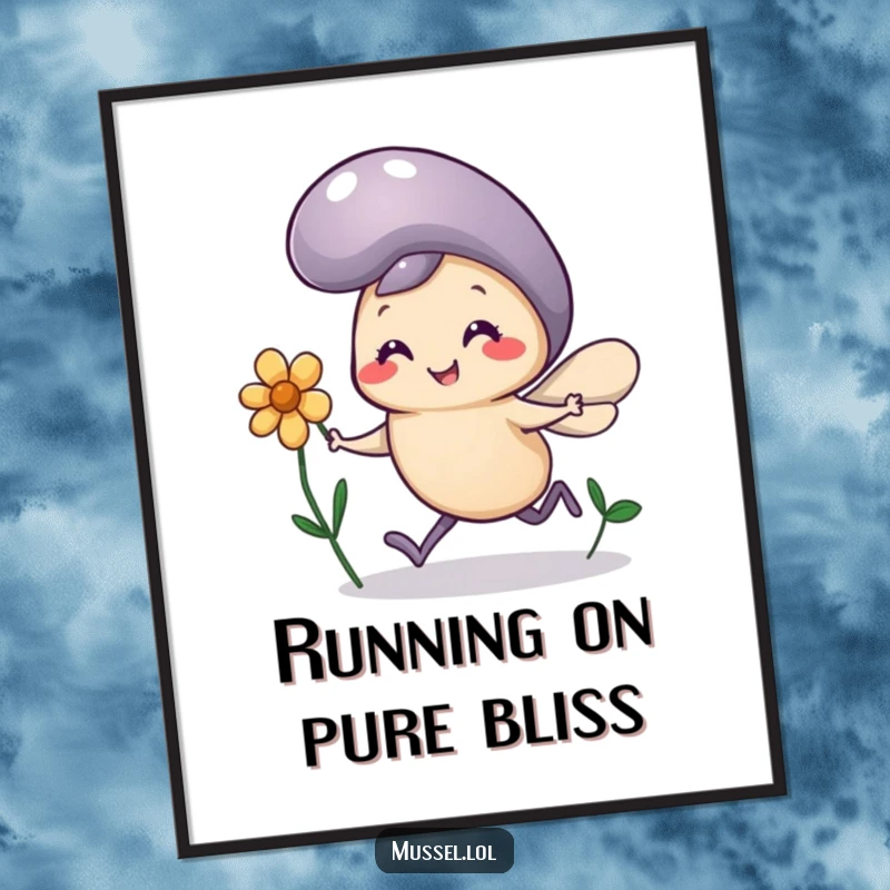 Funny Mussel Flower Poster: A mussel character with comically tiny legs runs happily holding a flower, cheerful cartoon wall art.