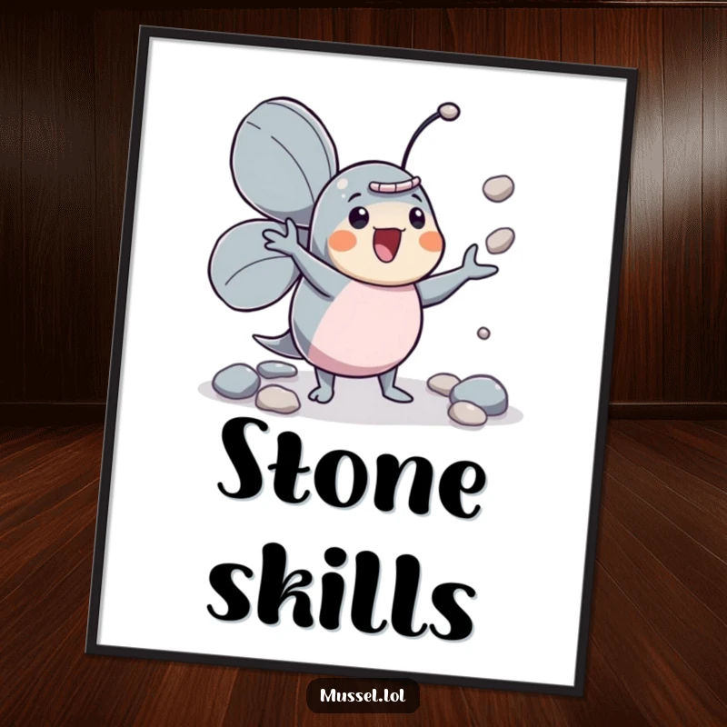 Funny mussel character juggler poster, enthusiastically juggling pebbles, a lively scene.