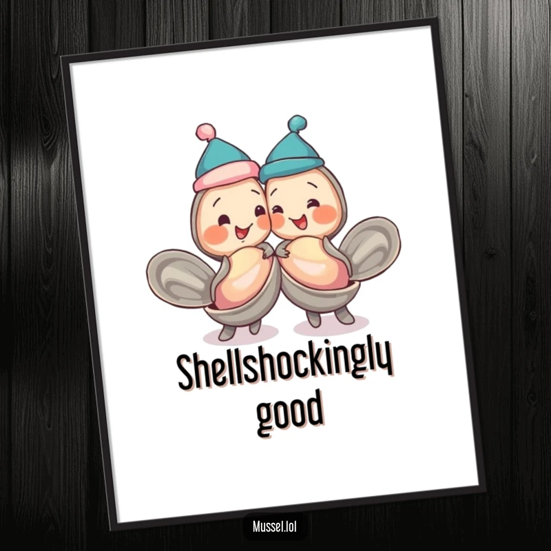 Funny mussels in jaunty caps, playfully bumping shells, printed as humorous wall art, symbolizing friendship and fun.