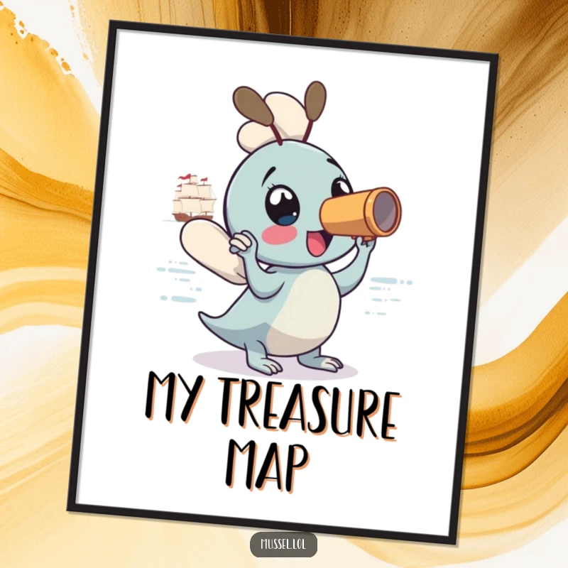 Funny Mussel Poster: A mussel with a spyglass excitedly watches a ship, symbolizing dreams and distant horizons, a great funny gift.