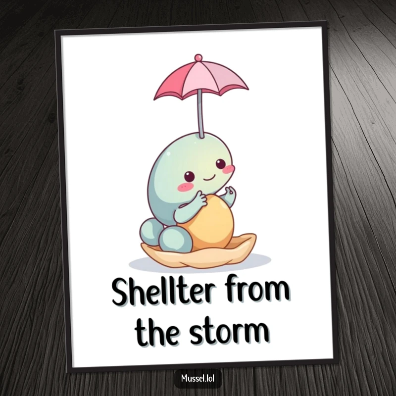 Funny Mussel Umbrella Poster: A delightful print of a mussel character balancing a tiny umbrella, adding a touch of quirky humor to home decor.