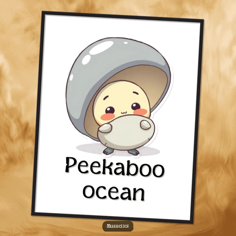 Funny shy mussel character peeking from behind a larger mussel, a humorous and cute poster for wall art.