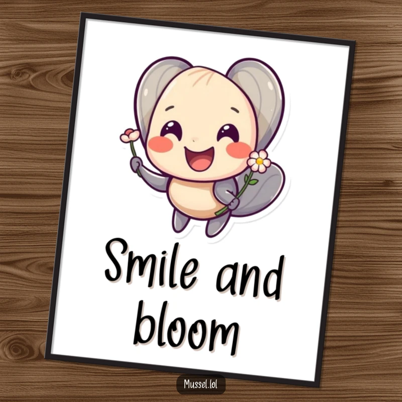 Funny poster featuring a smiling mussel character offering a tiny flower with a heartwarming and cheerful expression.