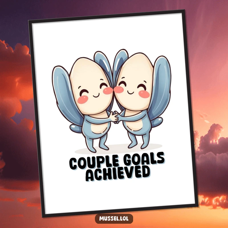 Funny mussel poster featuring a loving pair of mussels holding hands and smiling, adding whimsical decor.