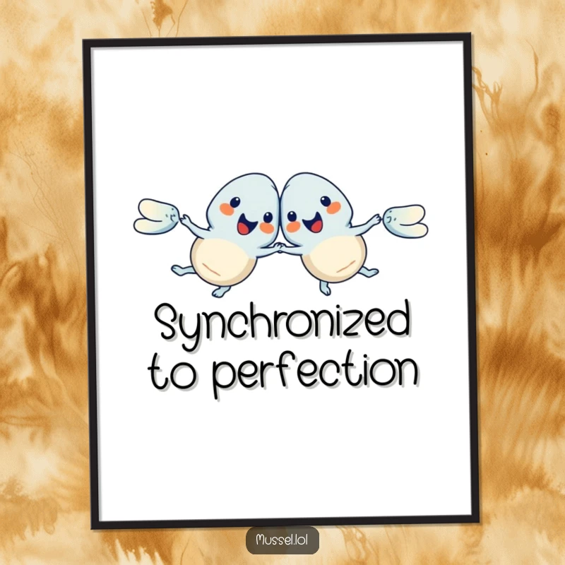 Funny Mussels Poster showing two mussels performing a synchronized swim with comical precision, bringing aquatic amusement to any space, a wonderful funny gift.