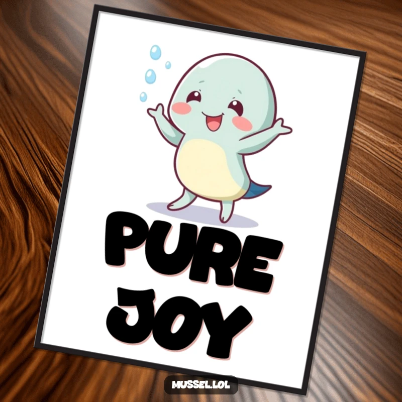 Funny poster of a mussel character performing an energetic wiggle dance, with dynamic water droplets in motion.