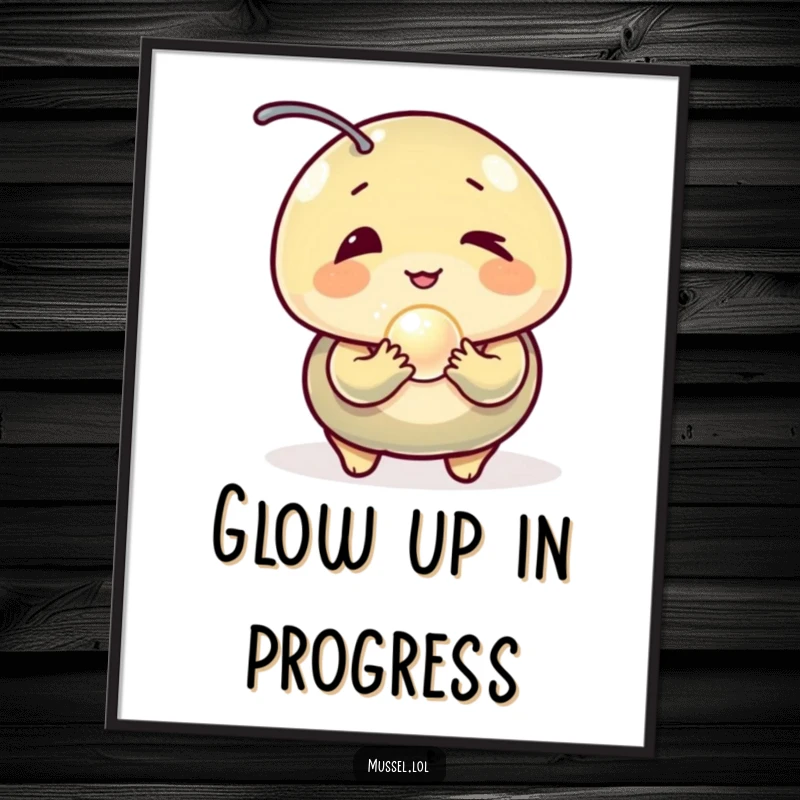 Funny Mussel Poster: A winking mussel character proudly holds a tiny, glowing pearl, adding humor and charm to wall decor.