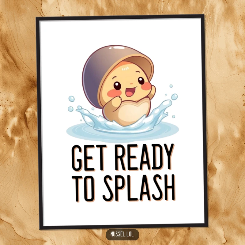Funny poster showing a playful mussel character splashing water from its open shell, a vibrant and humorous piece of art.