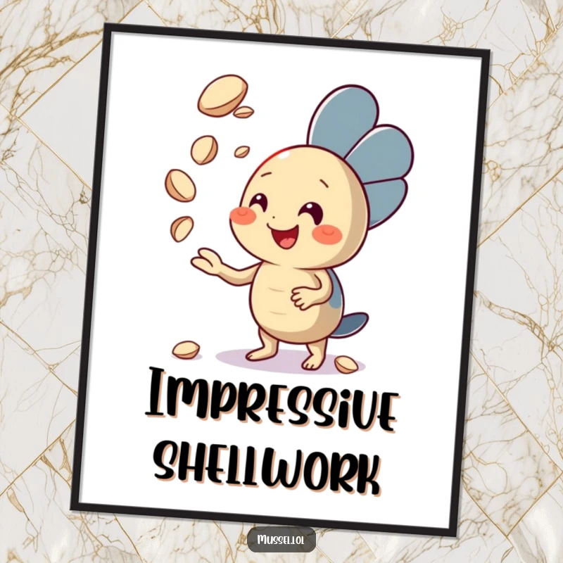 Funny Mussel Poster showing an enthusiastic mussel character juggling seashells with great focus and joy, perfect for bringing energy to any room, a wonderful funny gift.