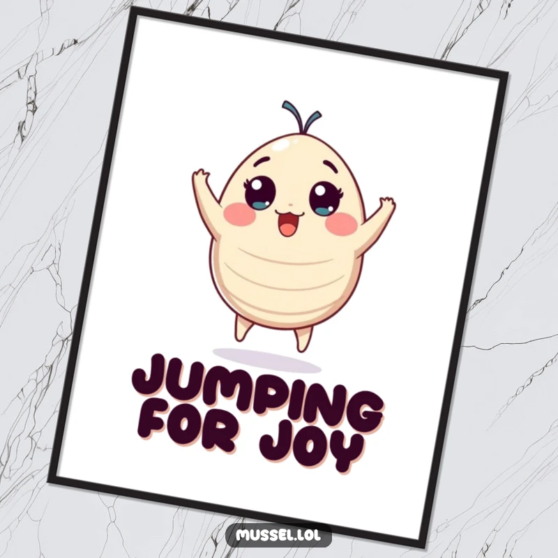 Funny plump mussel character with wide eyes jumping with pure excitement, a visually striking and humorous poster.