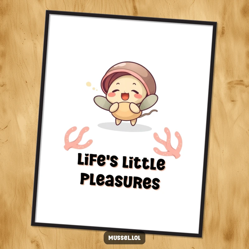 Funny poster of a mussel character giggling while being tickled by a sea anemone, perfect for ocean-themed decor, a funny gift.