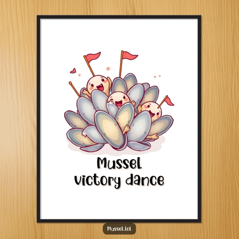 Funny Mussel Kiss Poster: A delighted mussel character blowing a kiss to an imaginary audience, radiating charm and humor.