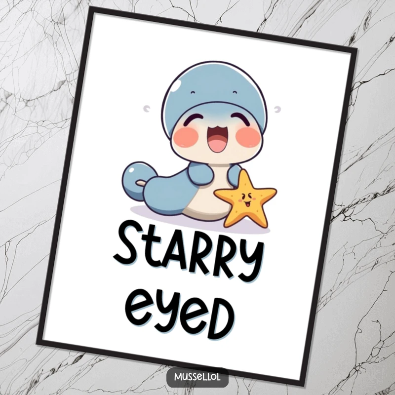 Funny mussel character and a starfish poster, sharing a laugh, a heartwarming scene.