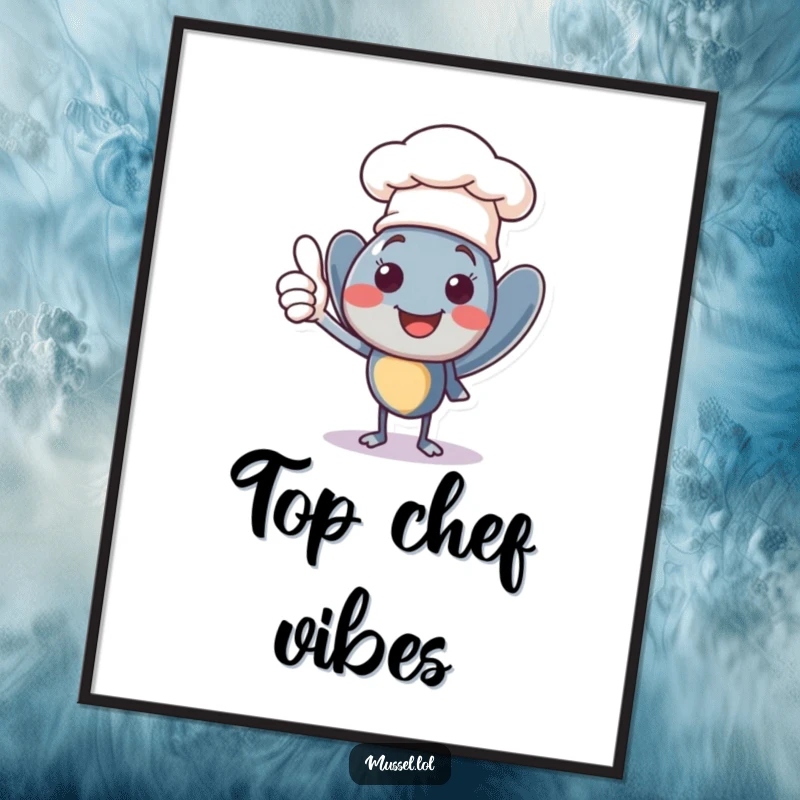 Funny smiling mussel character wearing a tiny chef hat, giving a confident thumbs up, a charming and humorous poster.