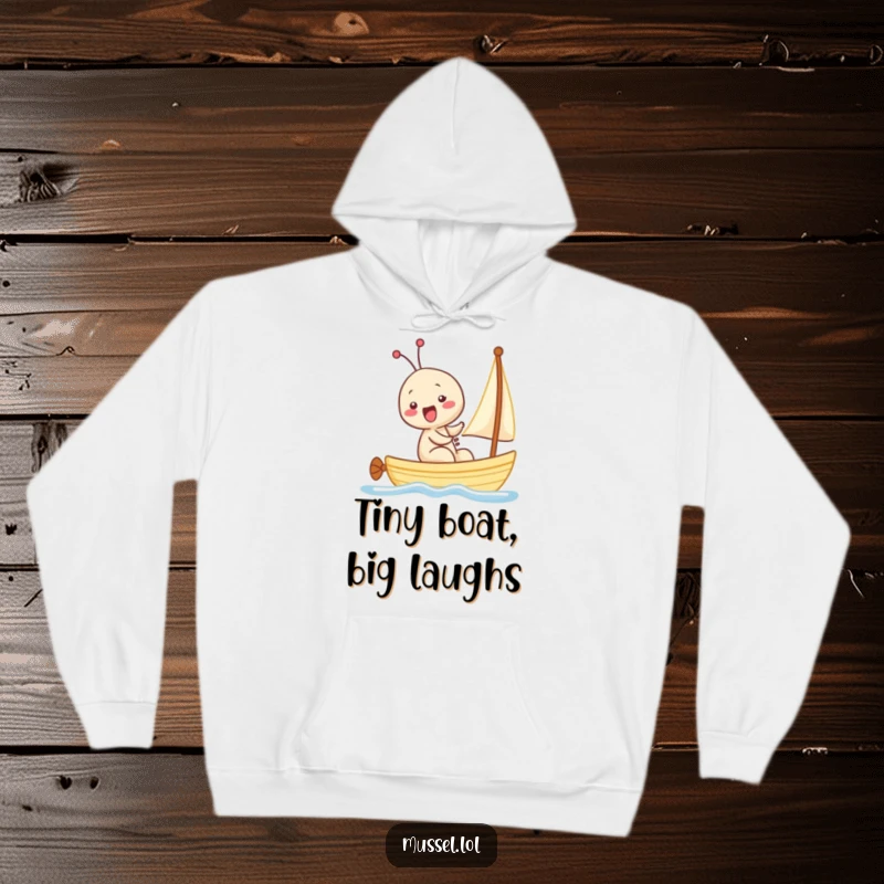 Funny Kawaii Mussel Hoodie: A charming, giggling mussel character sailing on a small boat, perfect for cozy, humorous wear.