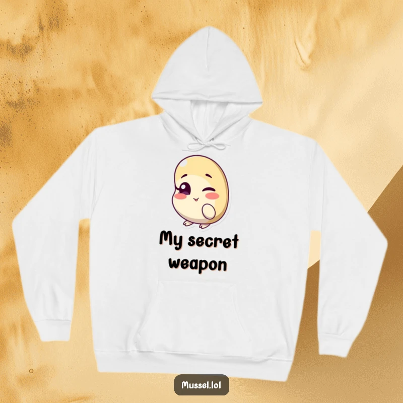 Funny hoodie featuring a mussel character winking with one eye slightly ajar, offering warmth and a touch of playful mischief.