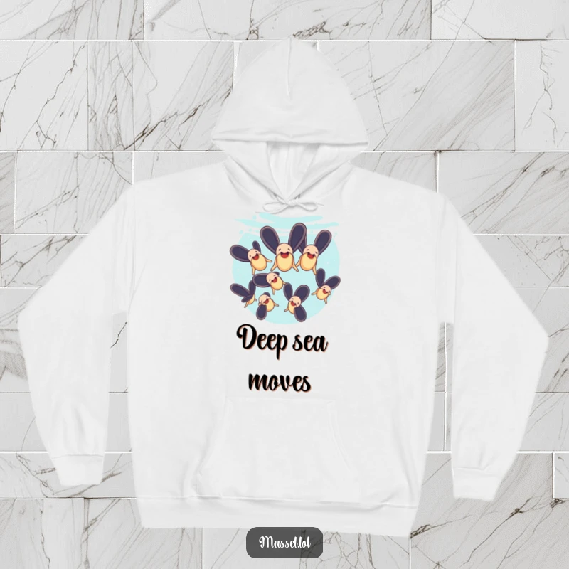 Funny hoodie with mussels performing a synchronized swimming routine underwater, offering cozy, humorous vibes.