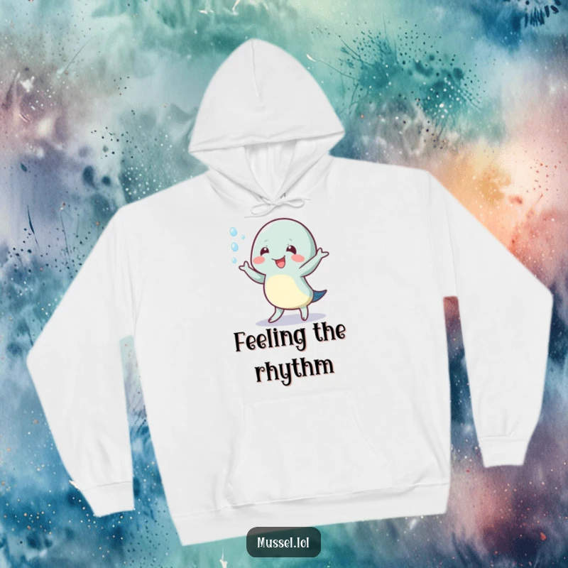 Funny hoodie featuring a mussel character doing a lively wiggle dance, accented by splashing water droplets.
