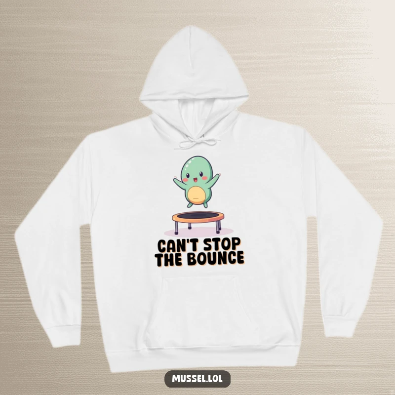 Funny mussel character happily bouncing on a trampoline, printed on a cozy hoodie.