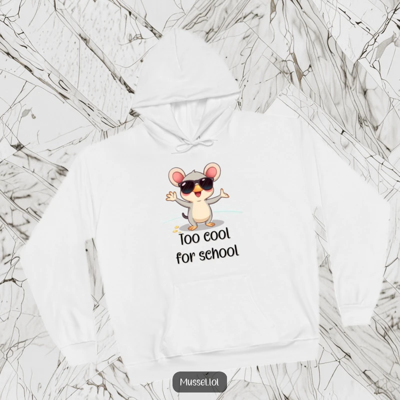 Funny mussel wearing sunglasses, posing coolly on a beach, printed on a soft hoodie, perfect for laid-back humor.