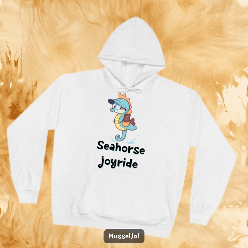 Funny Giggling Mussel Hoodie illustrating a mussel laughing with delight while riding a charming blue seahorse, offering cozy warmth and aquatic joy.