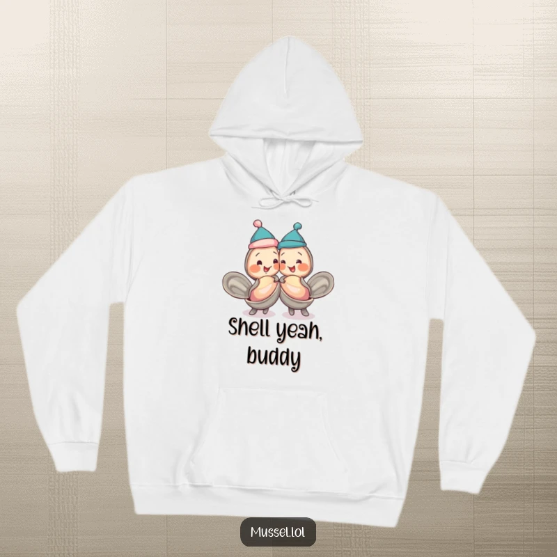 Funny mussels in jaunty caps, bumping shells playfully, on a soft hoodie, perfect for humorous best friends.