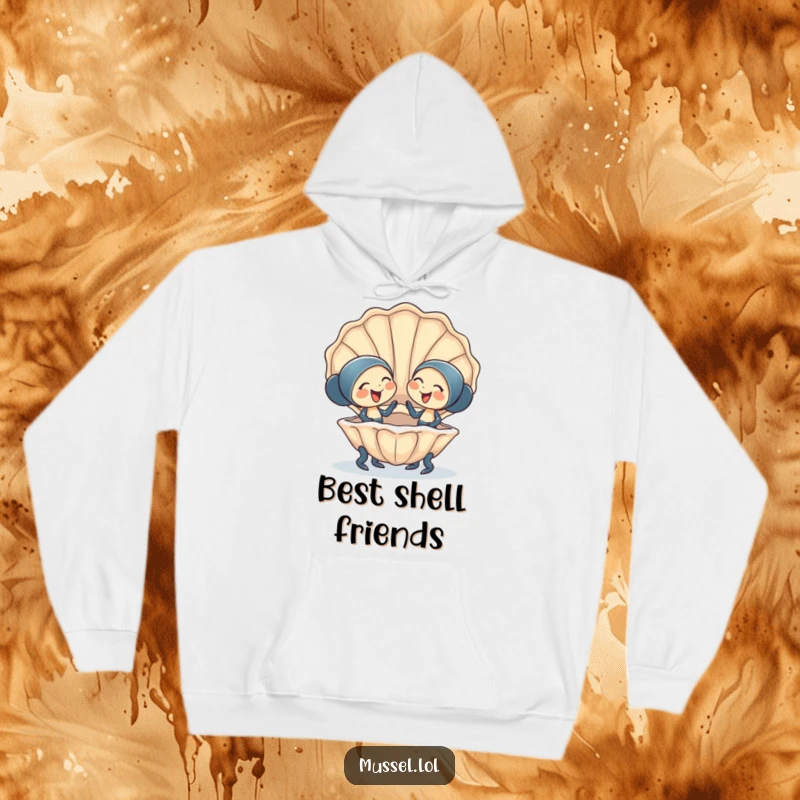 Funny Hoodie: Two happy mussel characters giggling in a giant clam shell, providing cozy friendship humor and comfort.