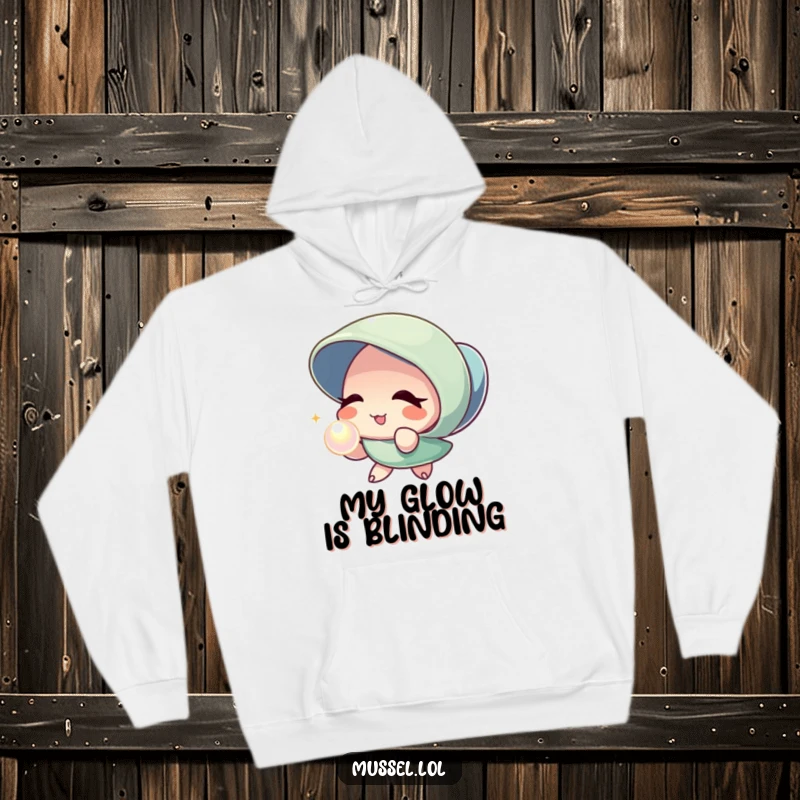 Funny Mussel Pearl Wink Hoodie: A warm hoodie featuring a mussel character giving a knowing wink and presenting a lustrous pearl.