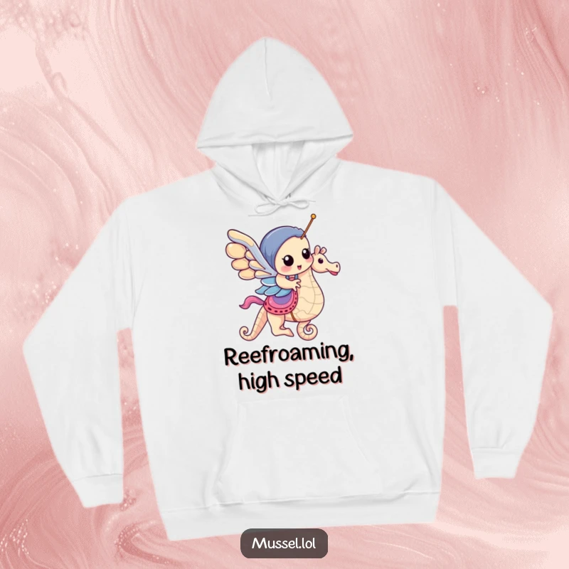 Funny Mussel Hoodie: A charming mussel enjoys a seahorse ride, reminiscent of a carousel, offering warmth and humor.