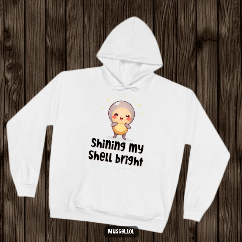 Funny Mussel Spotlight Hoodie: A mussel character dramatically posing under a spotlight, exuding humorous confidence and style.