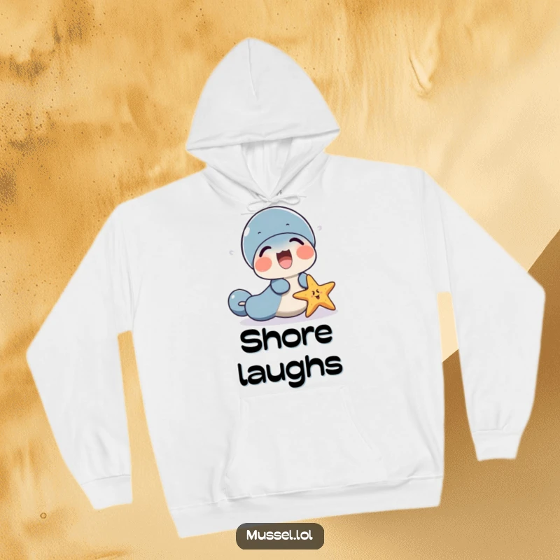 Funny mussel character and a starfish hoodie, sharing a laugh, depicting cozy friendship.