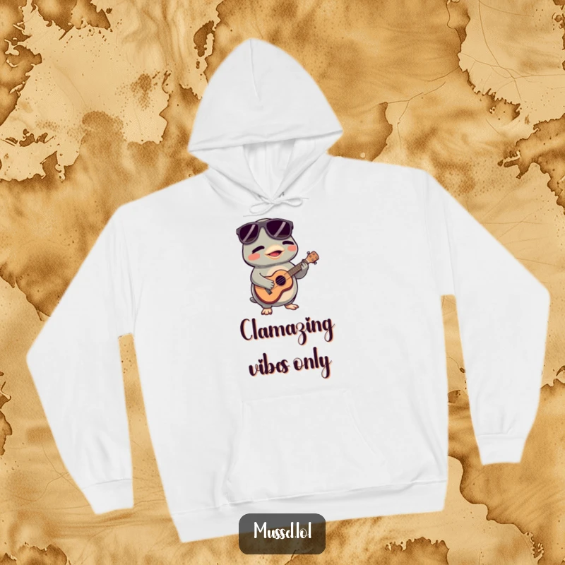 Funny Mussel Hoodie: A relaxed mussel character with sunglasses jams on a miniature ukulele, offering cozy and musical humor.
