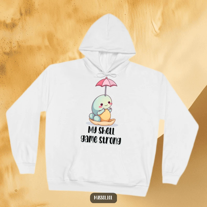 Funny Mussel Umbrella Hoodie: A warm and cozy hoodie featuring a mussel character balancing a tiny umbrella, perfect for rainy days and silly moods.